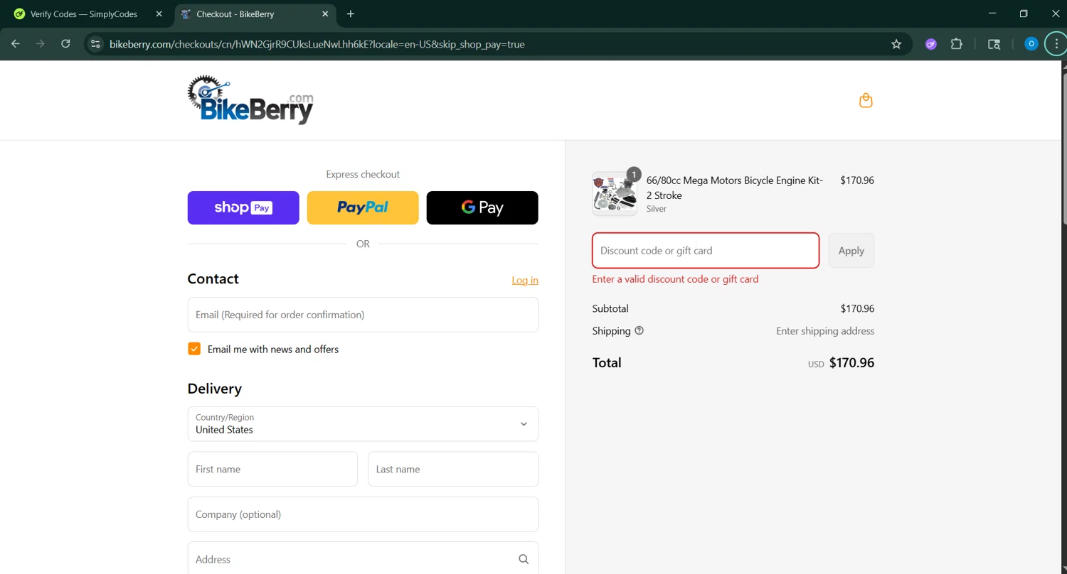 Bikeberry promo code screenshot showing code CAR-FREE applied at Bikeberry checkout page. Uploaded by SimplyCodes community member GoldAdmiral5202 on Aug 27, 2025