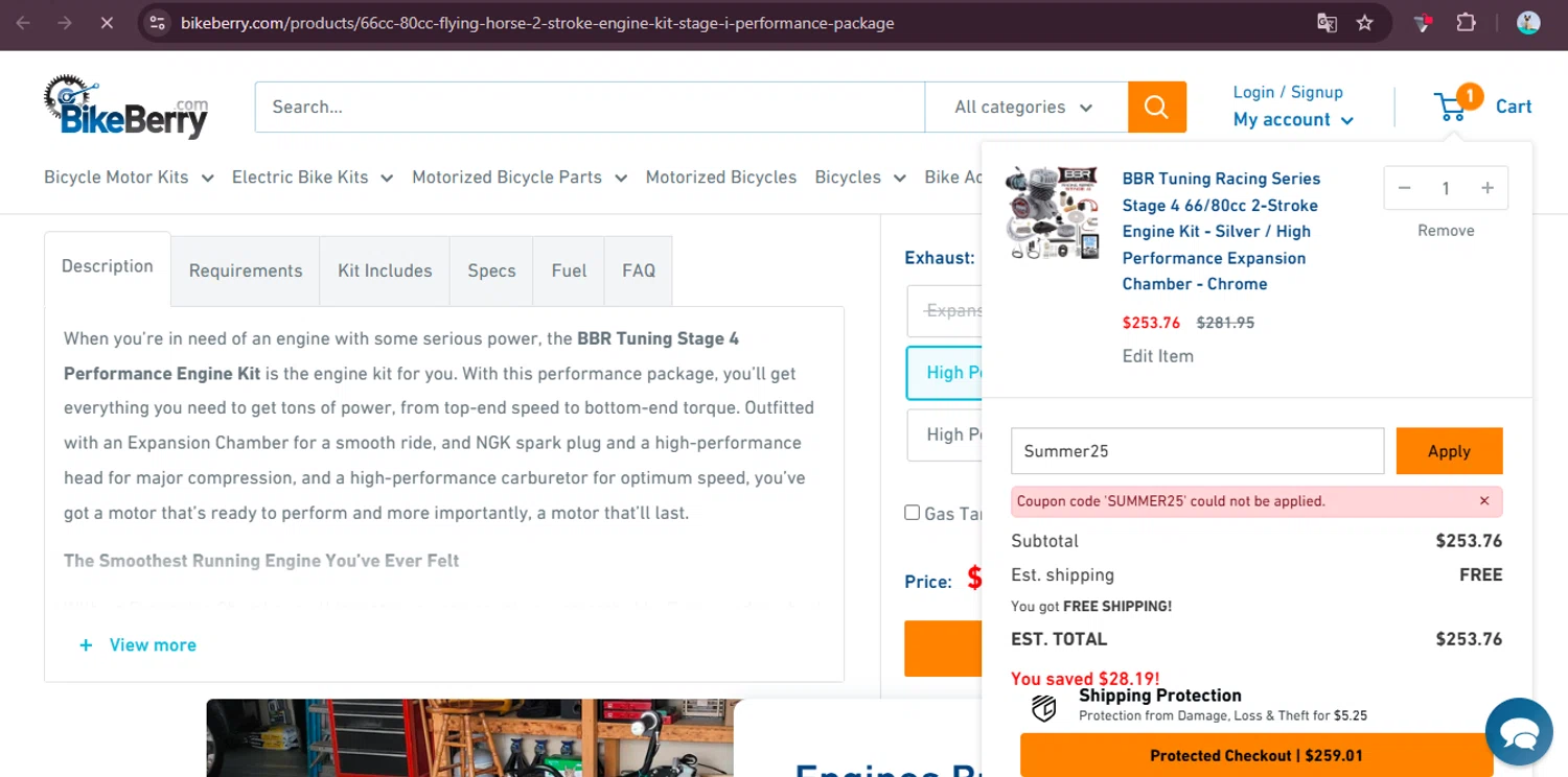 Bikeberry promo code screenshot showing code Summer25 applied at Bikeberry checkout page. Uploaded by SimplyCodes community member elgatobravo on Aug 22, 2025
