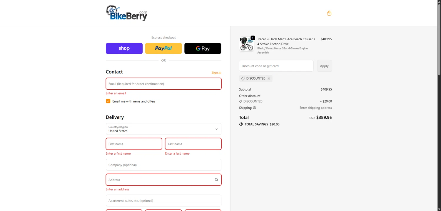 Bikeberry promo code screenshot showing code DISCOUNT20 applied at Bikeberry checkout page. Uploaded by SimplyCodes community member FortunateElite6708 on Nov 20, 2025