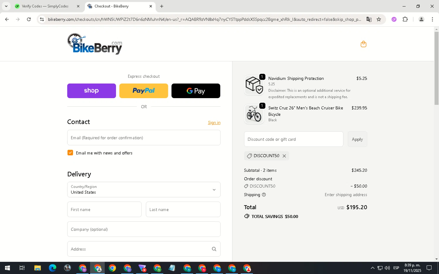 Bikeberry promo code screenshot showing code DISCOUNT50 applied at Bikeberry checkout page. Uploaded by SimplyCodes community member ScanNavigator5190 on Nov 20, 2025