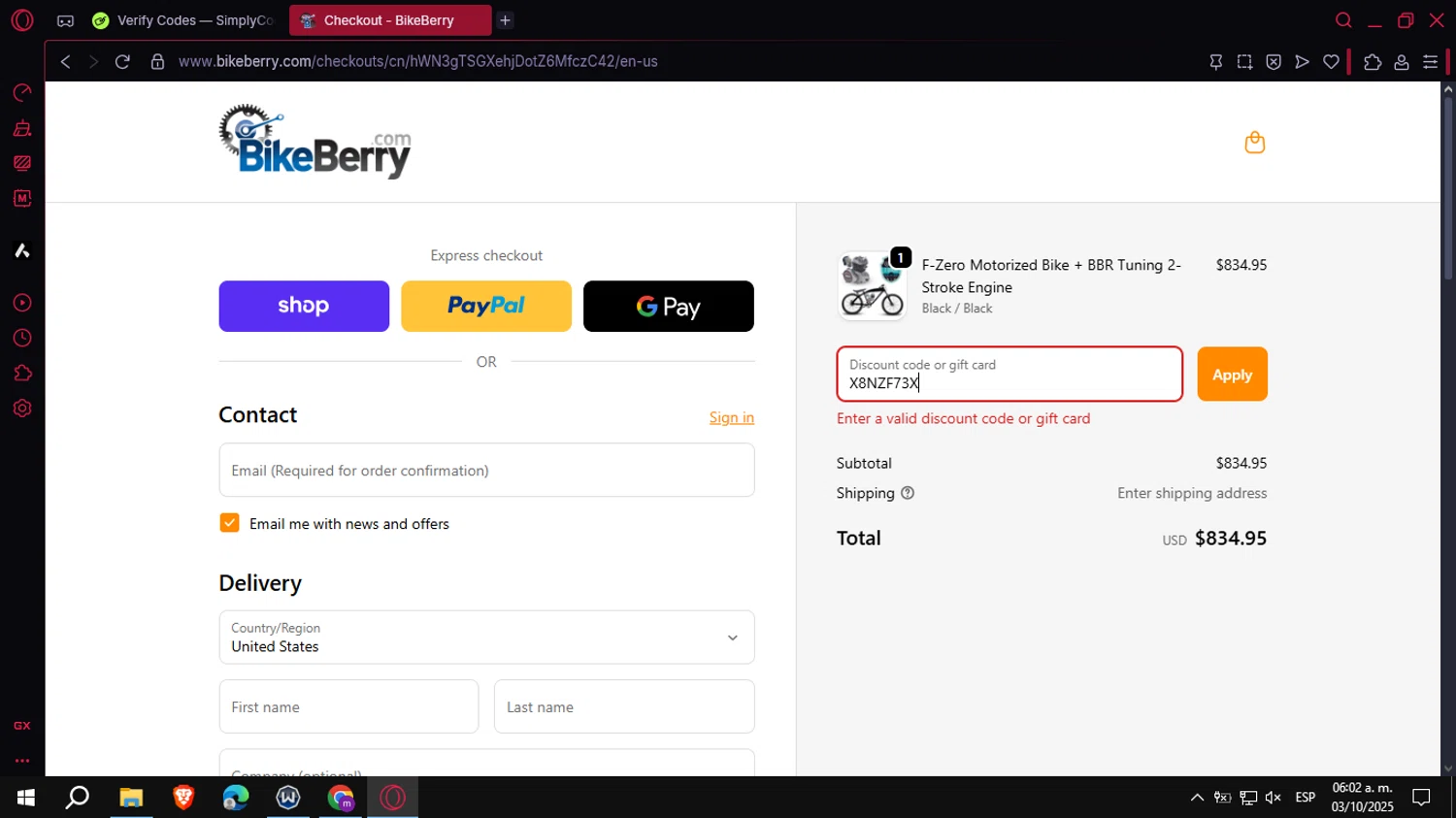 Bikeberry promo code screenshot showing code X8NZF73X applied at Bikeberry checkout page. Uploaded by SimplyCodes community member VoucherCollector3778 on Oct 3, 2025