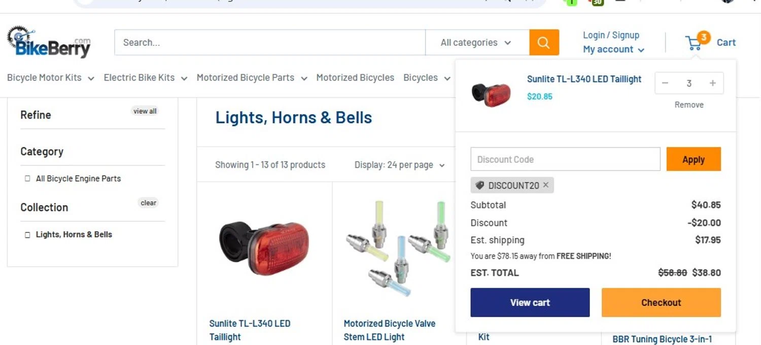 Bikeberry promo code screenshot showing code DISCOUNT20 applied at Bikeberry checkout page. Uploaded by SimplyCodes community member frankrivero on Sep 17, 2025