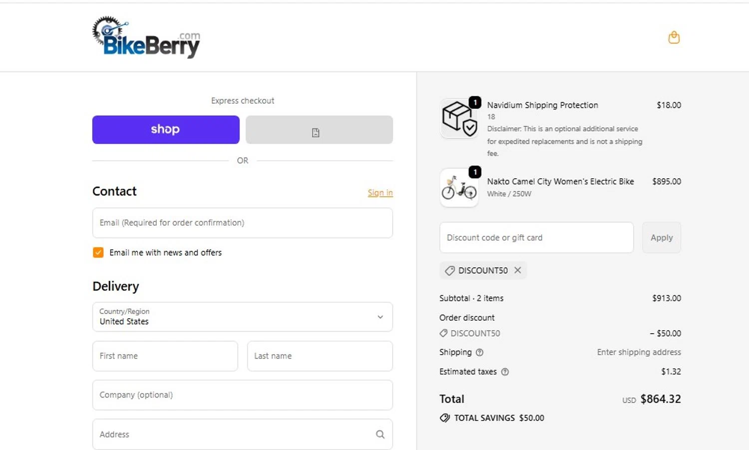 Bikeberry promo code screenshot showing code DISCOUNT50 applied at Bikeberry checkout page. Uploaded by SimplyCodes community member frankrivero on Sep 17, 2025