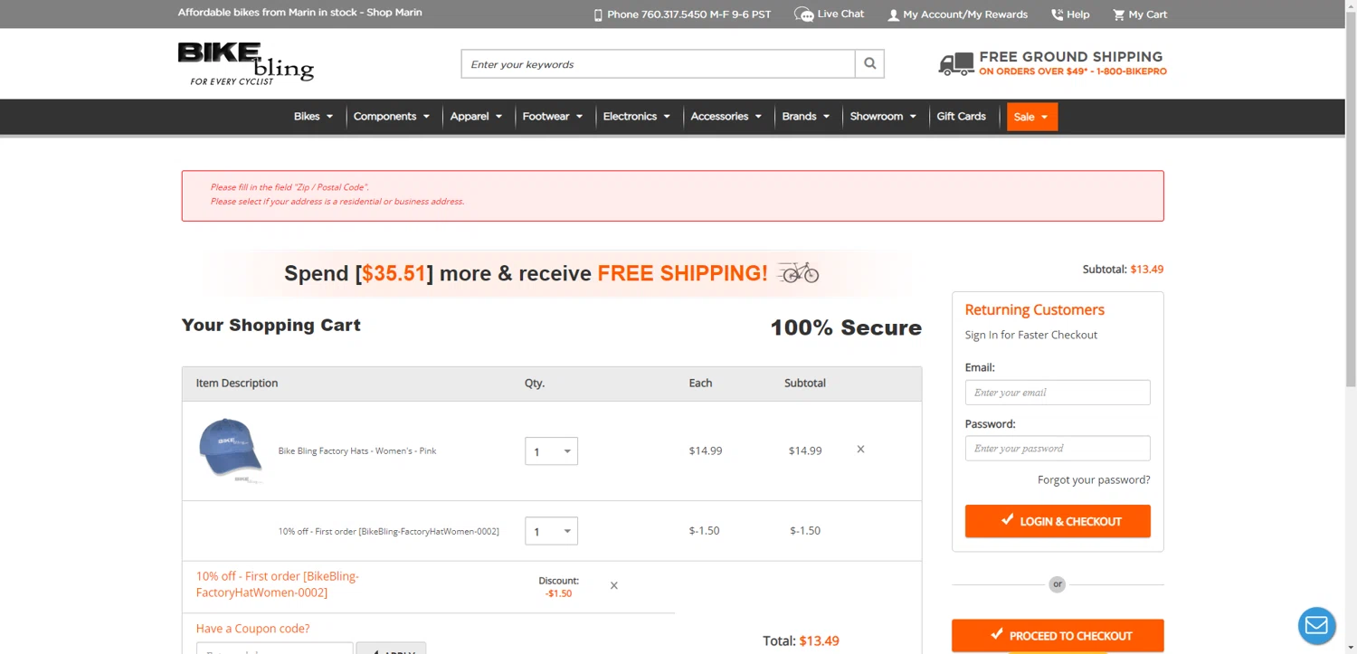 Bike Bling checkout page showing Bike Bling coupon code box | Screenshot taken by SimplyCodes community member on Jun 20, 2025