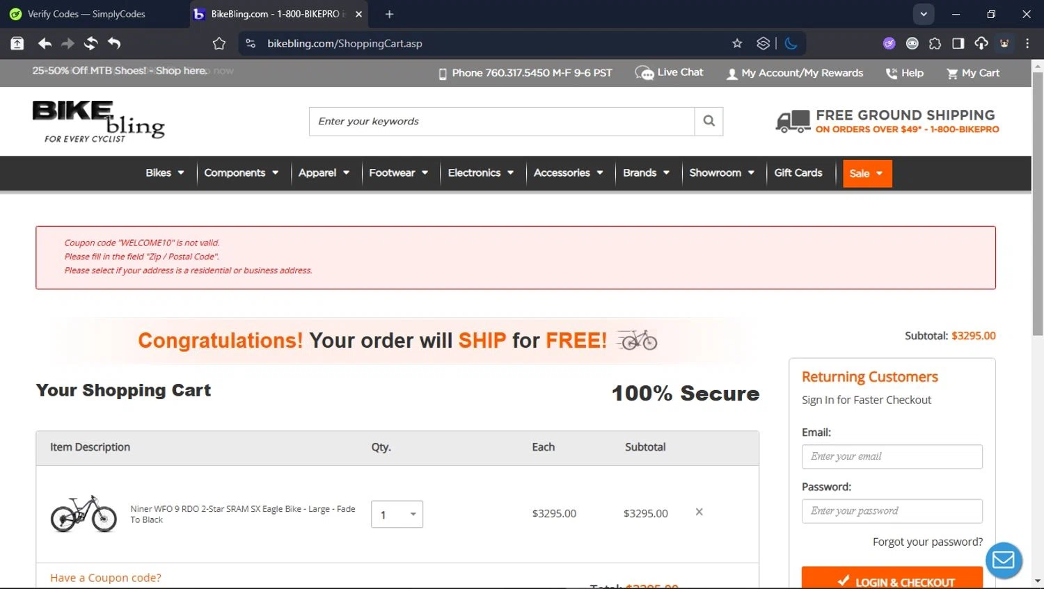 Bike Bling coupon code screenshot showing code WELCOME10 applied at Bike Bling checkout page. Uploaded by SimplyCodes community member PromoSpotter1784 on Jul 22, 2025