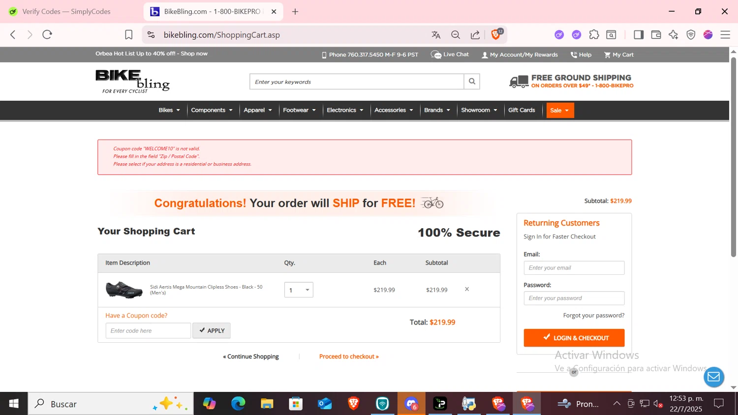 Bike Bling coupon code screenshot showing code WELCOME10 applied at Bike Bling checkout page. Uploaded by SimplyCodes community member CODMOBILE2 on Jul 22, 2025