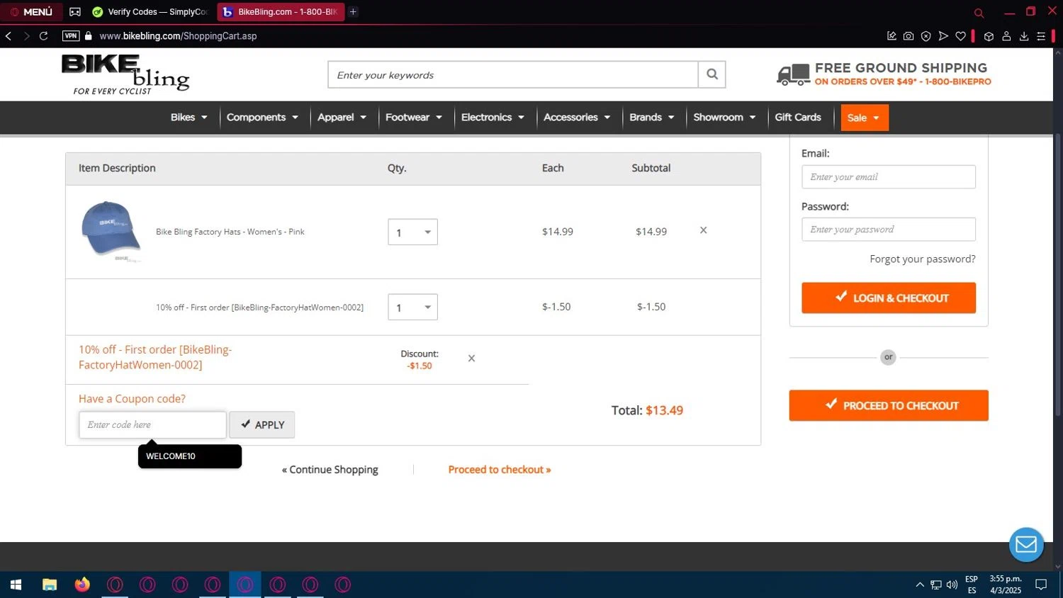 Bike Bling checkout page showing Bike Bling coupon code box | Screenshot taken by SimplyCodes community member on Mar 4, 2025