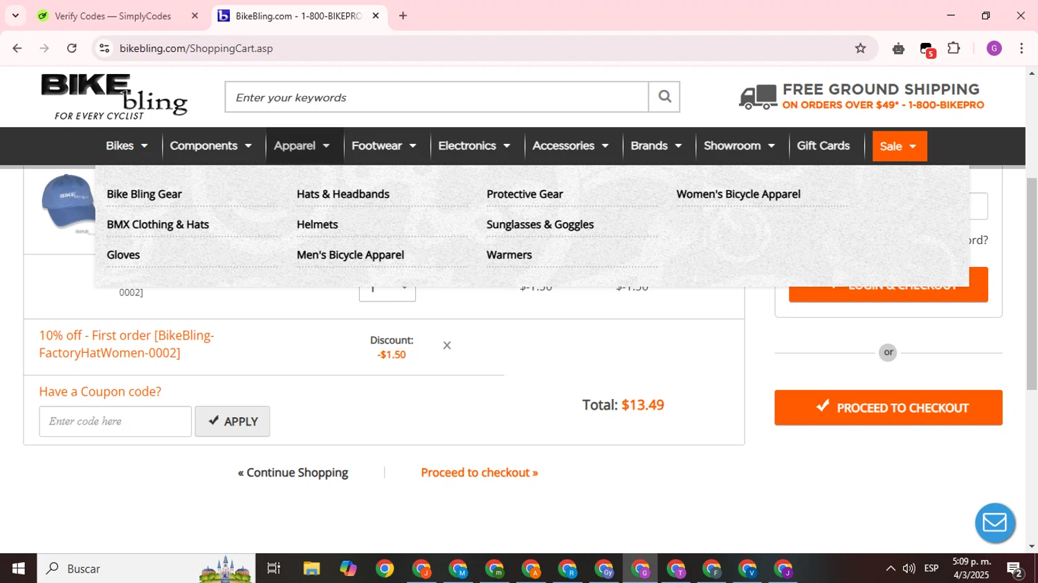 Bike Bling checkout page showing Bike Bling coupon code box | Screenshot taken by SimplyCodes community member on Mar 4, 2025