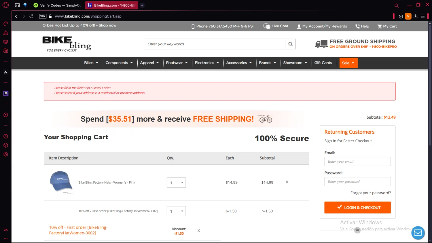 Bike Bling checkout page showing Bike Bling coupon code box | Screenshot taken by SimplyCodes community member on Mar 30, 2025