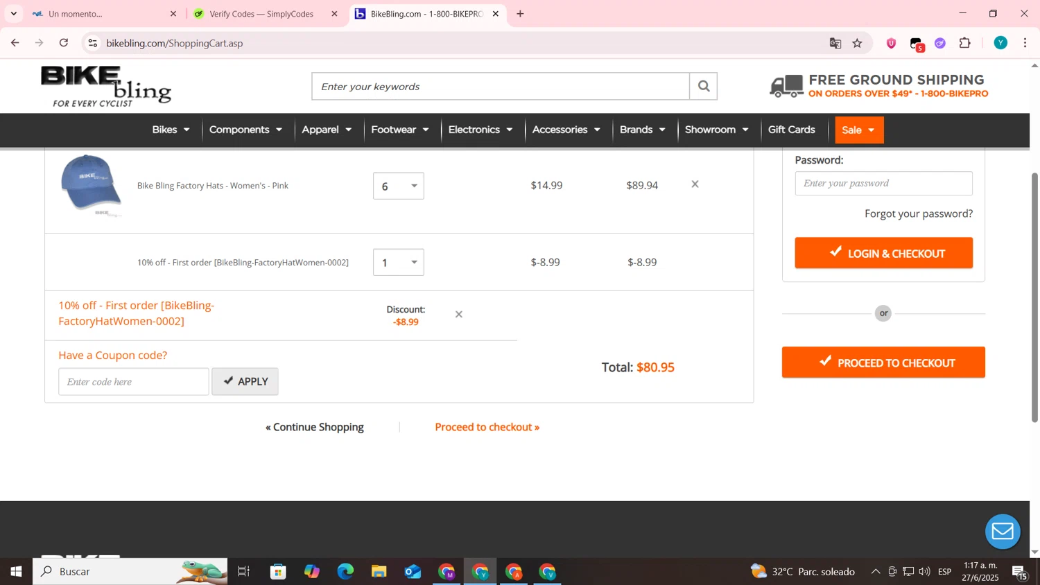 Bike Bling checkout page showing Bike Bling coupon code box | Screenshot taken by SimplyCodes community member on Jun 27, 2025