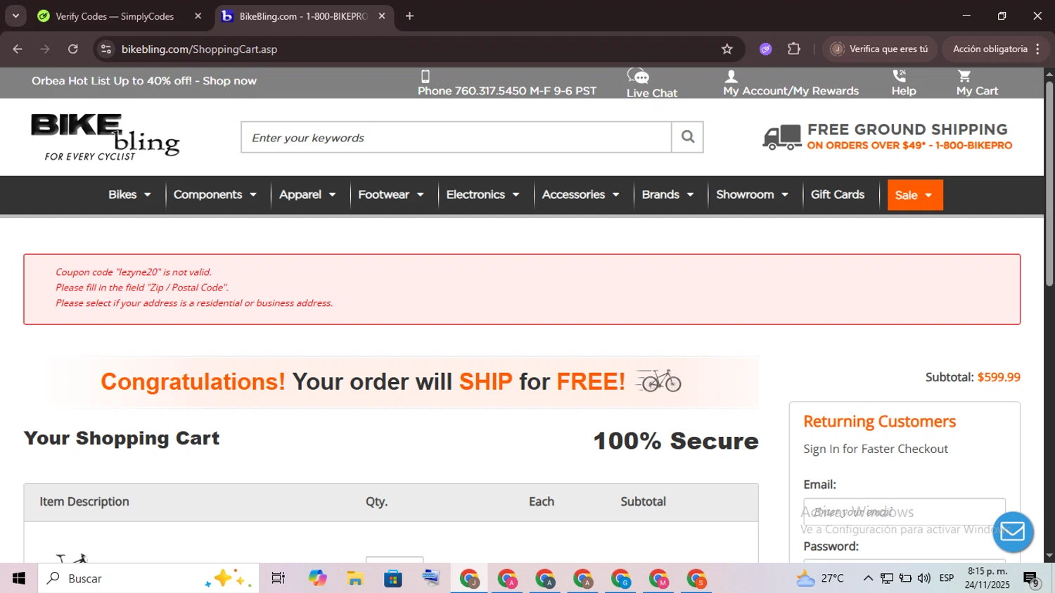 Bike Bling coupon code screenshot showing code lezyne20 applied at Bike Bling checkout page. Uploaded by SimplyCodes community member CrownChaser949 on Nov 25, 2025