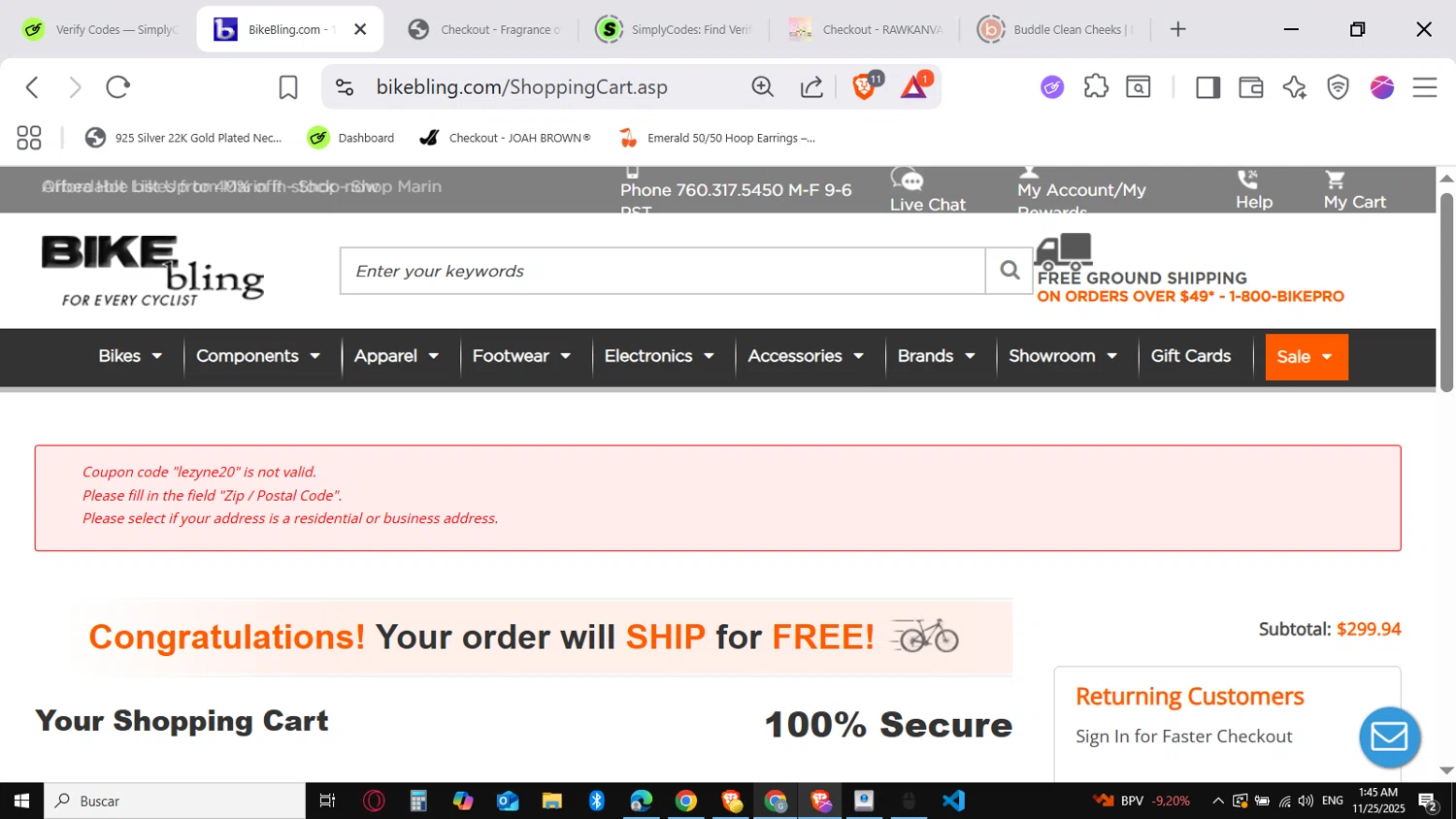 Bike Bling coupon code screenshot showing code lezyne20 applied at Bike Bling checkout page. Uploaded by SimplyCodes community member SavingsVirtuoso1883 on Nov 25, 2025