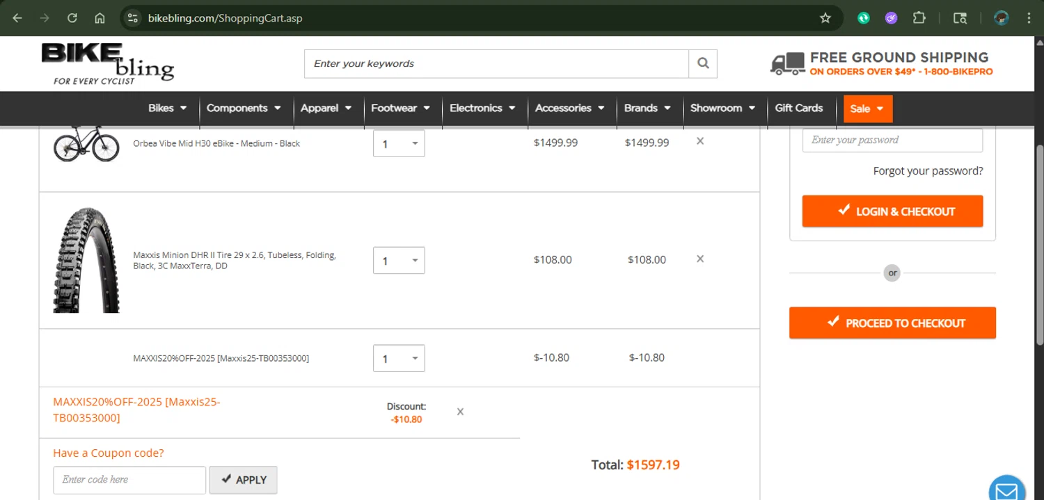 Bike Bling coupon code screenshot showing code MAXXIS applied at Bike Bling checkout page. Uploaded by SimplyCodes community member xAngel on Nov 26, 2025