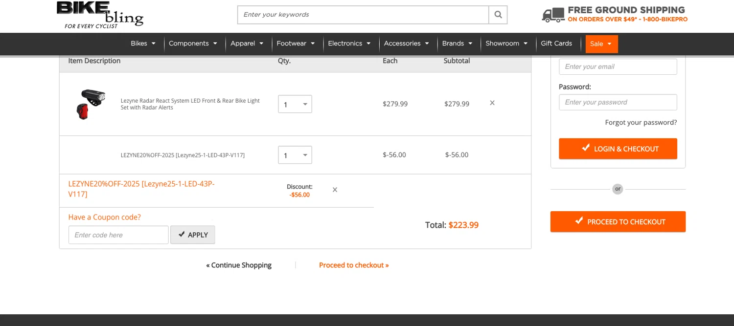 Bike Bling coupon code screenshot showing code LEZYNE20 applied at Bike Bling checkout page. Uploaded by SimplyCodes community member ELOIN777 on Nov 25, 2025