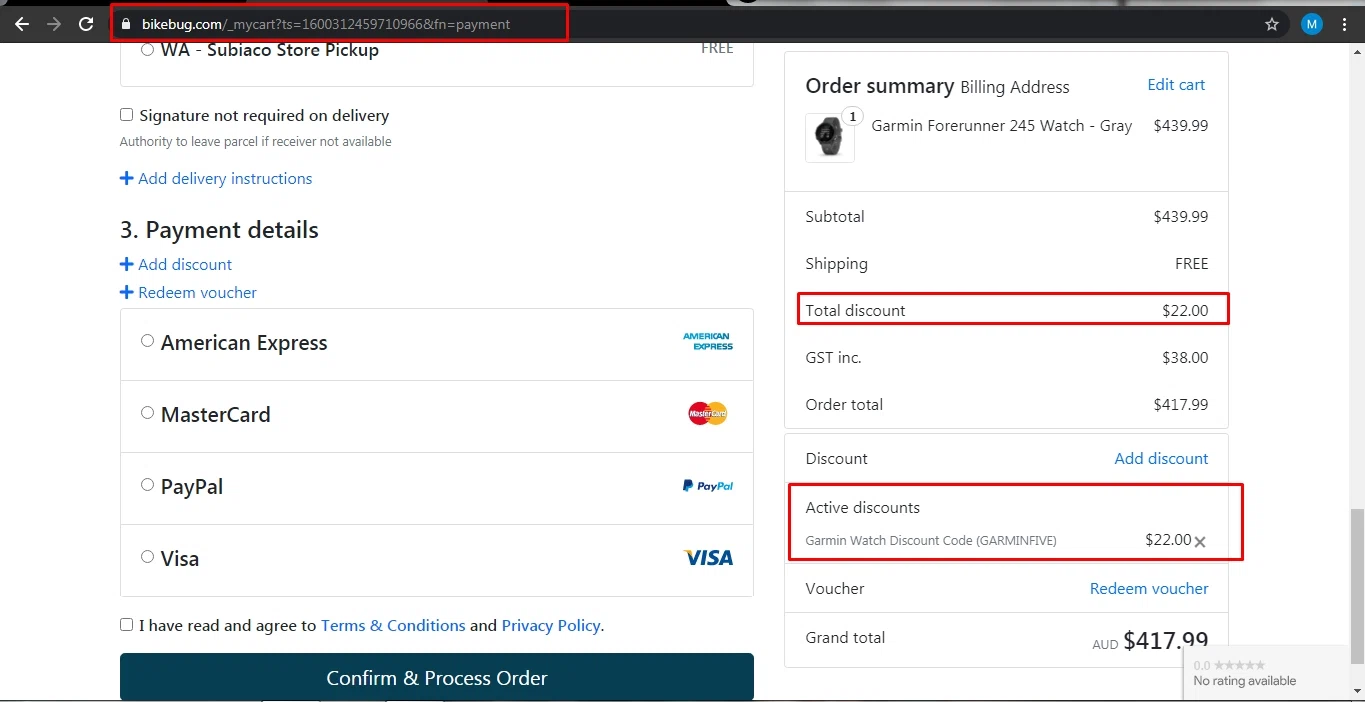 Bikebug checkout page showing Bikebug discount code box | Screenshot taken by SimplyCodes community member on Sep 16, 2020
