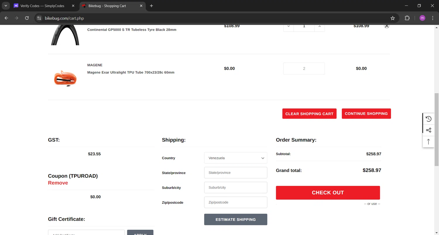 Bikebug checkout page showing Bikebug discount code box | Screenshot taken by SimplyCodes community member on Apr 5, 2024