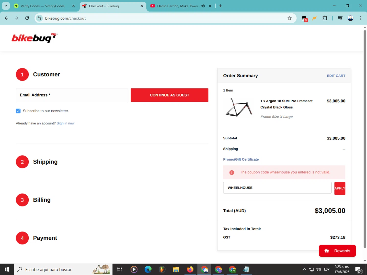 Bikebug discount code screenshot showing code WHEELHOUSE applied at Bikebug checkout page. Uploaded by SimplyCodes community member Soyvictor on Jun 17, 2025