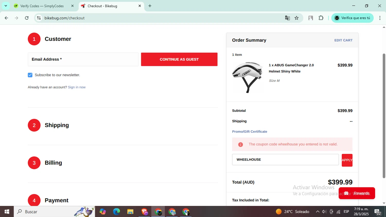 Bikebug discount code screenshot showing code WHEELHOUSE applied at Bikebug checkout page. Uploaded by SimplyCodes community member BargainWizard5755 on Mar 28, 2025