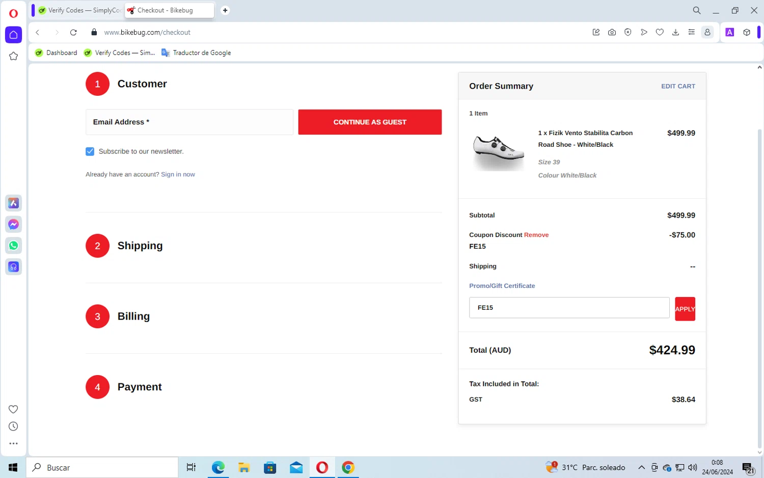 Bikebug checkout page showing Bikebug discount code box | Screenshot taken by SimplyCodes community member on Jun 23, 2024