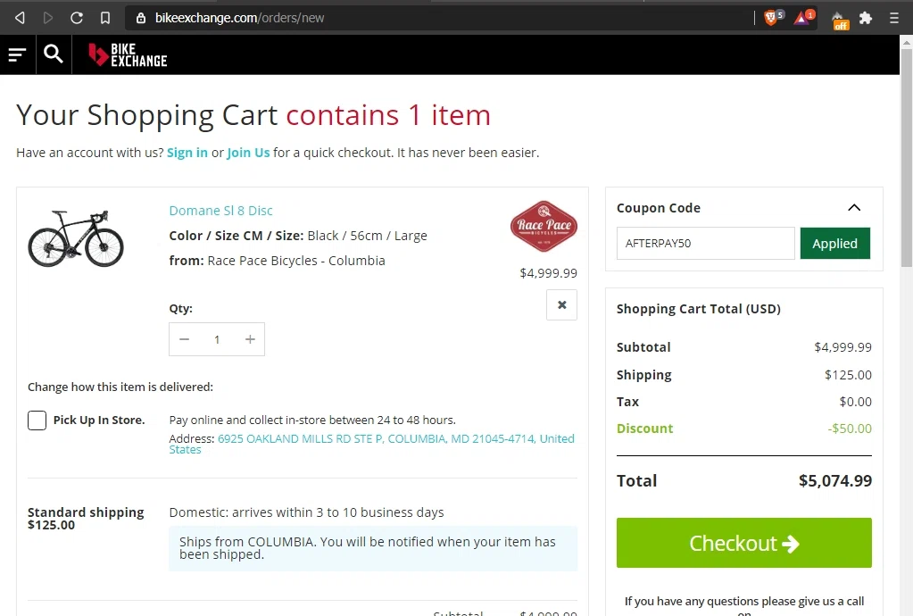 Bike Exchange checkout page showing Bike Exchange discount code box | Screenshot taken by SimplyCodes community member on Jan 19, 2021