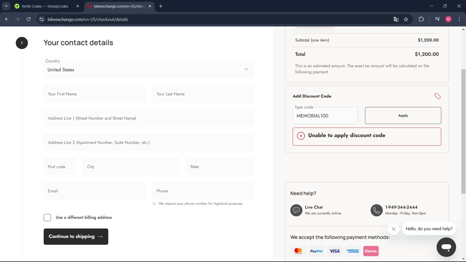 Bike Exchange discount code screenshot showing code MEMORIAL100 applied at Bike Exchange checkout page. Uploaded by SimplyCodes community member ValueCollector4159 on Dec 30, 2024