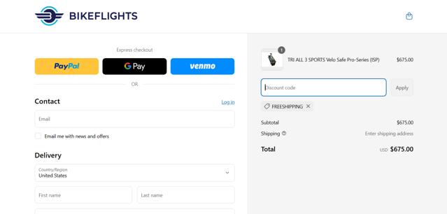 BikeFlights checkout page showing BikeFlights promo code box | Screenshot taken by SimplyCodes community member on Apr 21, 2025