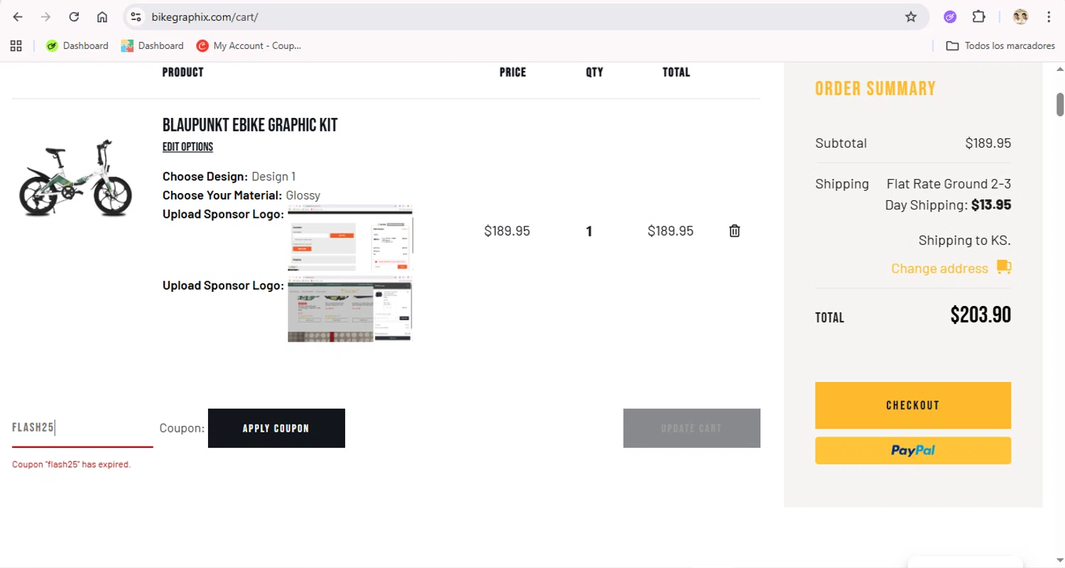 BikeGraphix coupon code screenshot showing code FLASH25 applied at BikeGraphix checkout page. Uploaded by SimplyCodes community member LegendaryTitan9160 on Nov 28, 2025