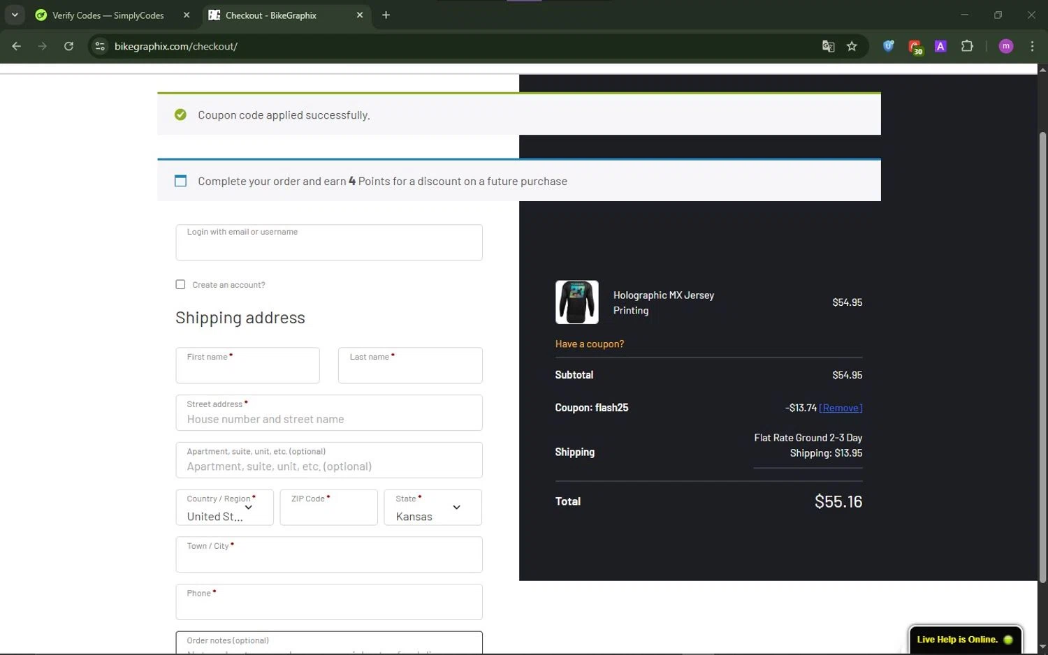 BikeGraphix coupon code screenshot showing code FLASH25 applied at BikeGraphix checkout page. Uploaded by SimplyCodes community member TokenChaser4876 on Oct 30, 2025