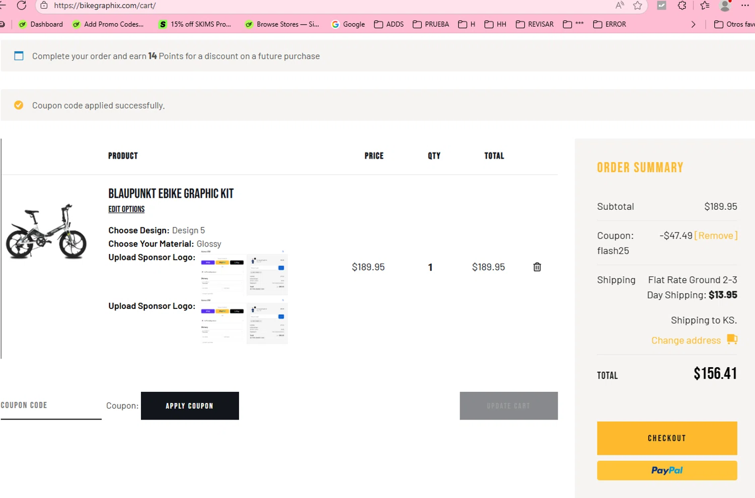 BikeGraphix coupon code screenshot showing code FLASH25 applied at BikeGraphix checkout page. Uploaded by SimplyCodes community member salepmigajera on Oct 1, 2025