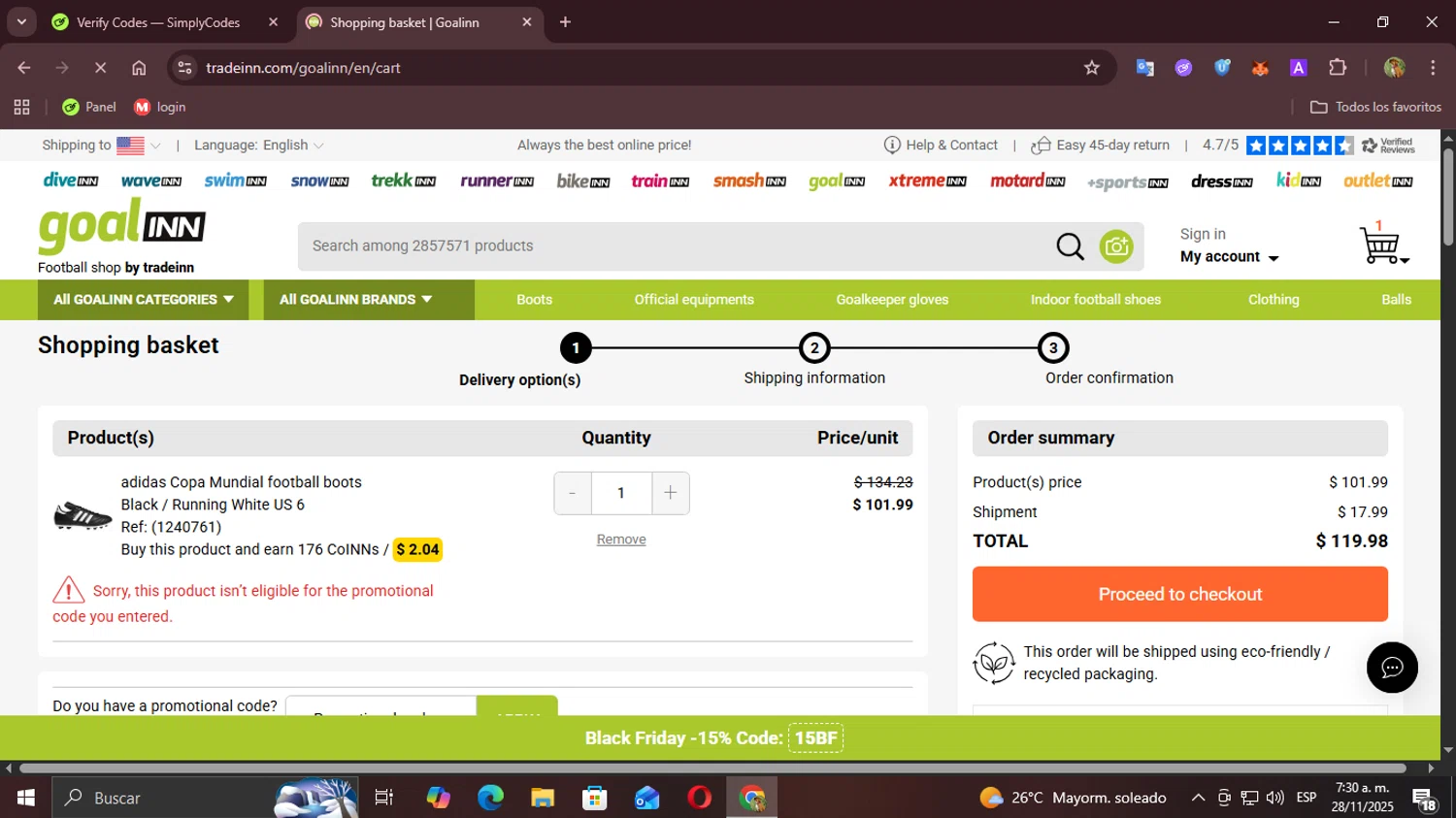 Bikeinn promo code screenshot showing code R15NN applied at Bikeinn checkout page. Uploaded by SimplyCodes community member Demogorgon on Nov 28, 2025