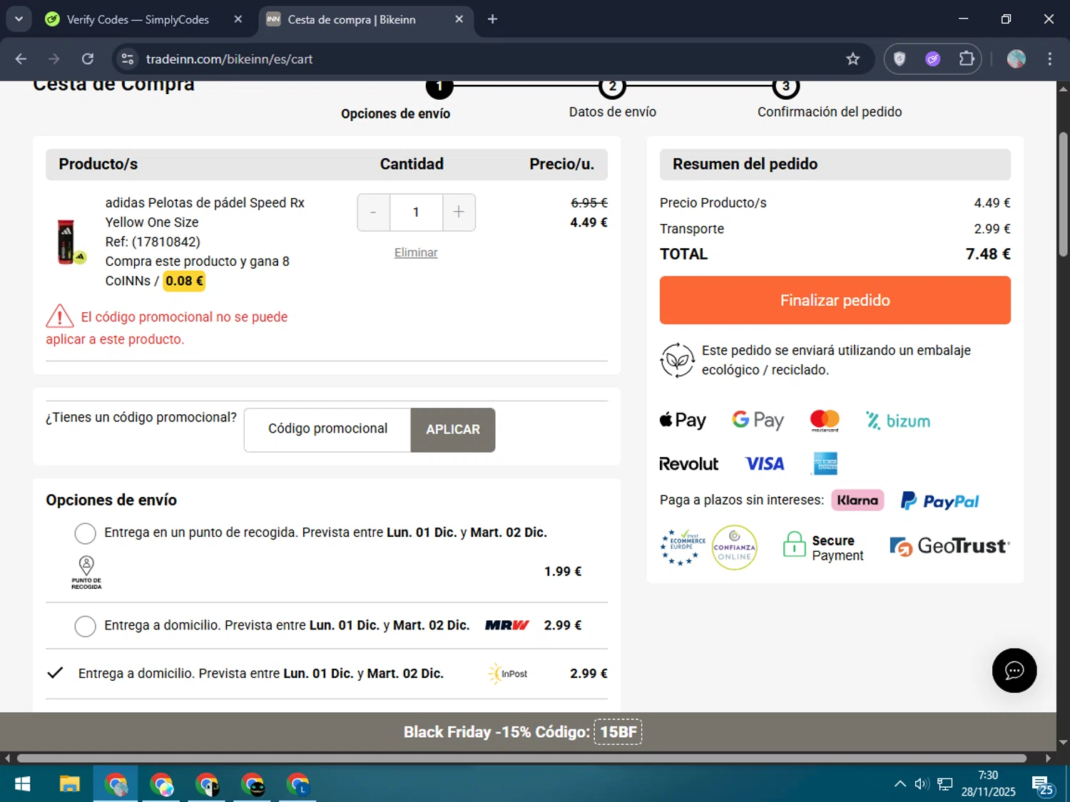 Bikeinn promo code screenshot showing code R15NN applied at Bikeinn checkout page. Uploaded by SimplyCodes community member LegendaryPro7106 on Nov 28, 2025