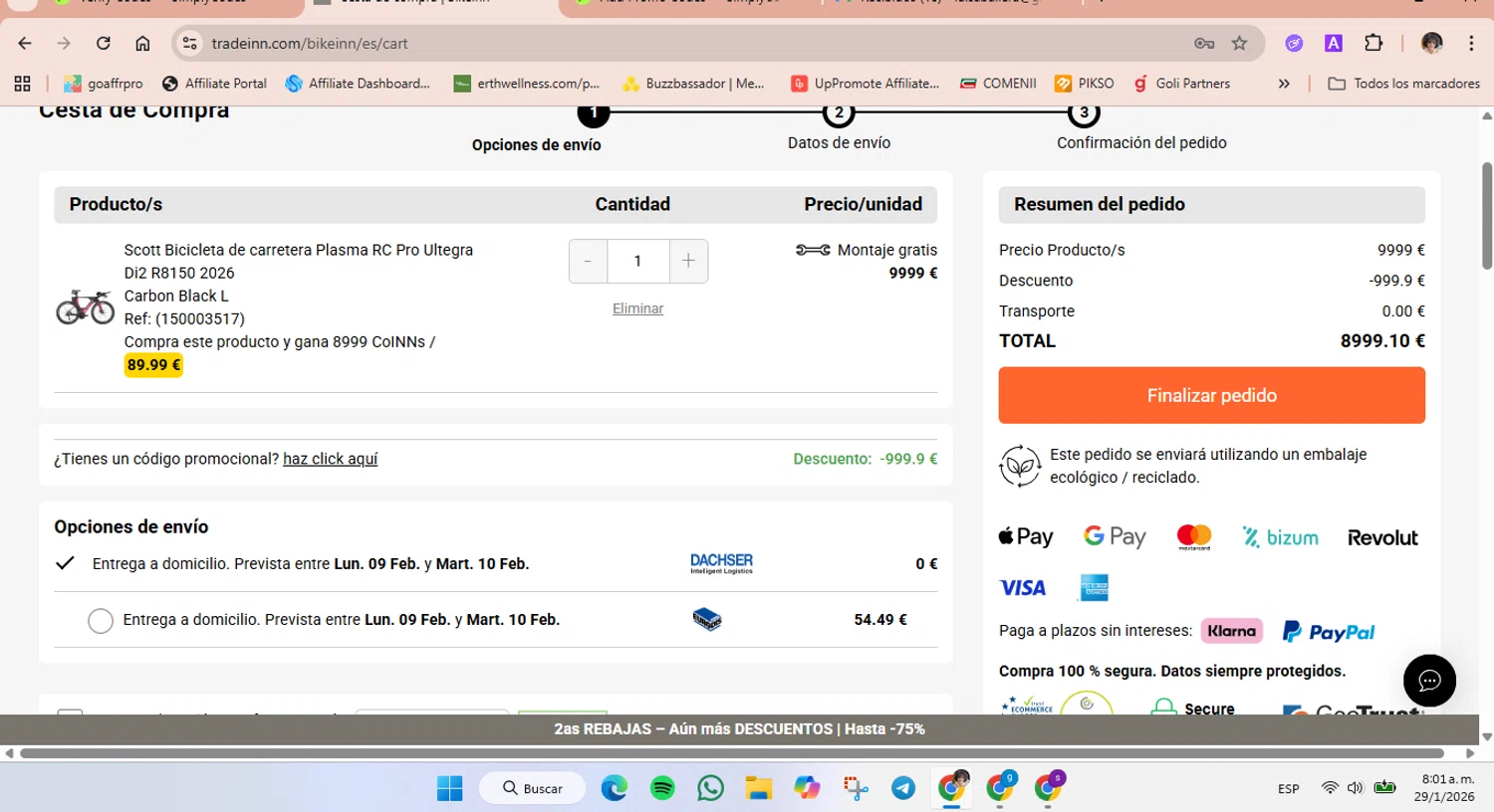 Bikeinn checkout page showing Bikeinn promo code box | Screenshot taken by SimplyCodes community member on Jan 29, 2026