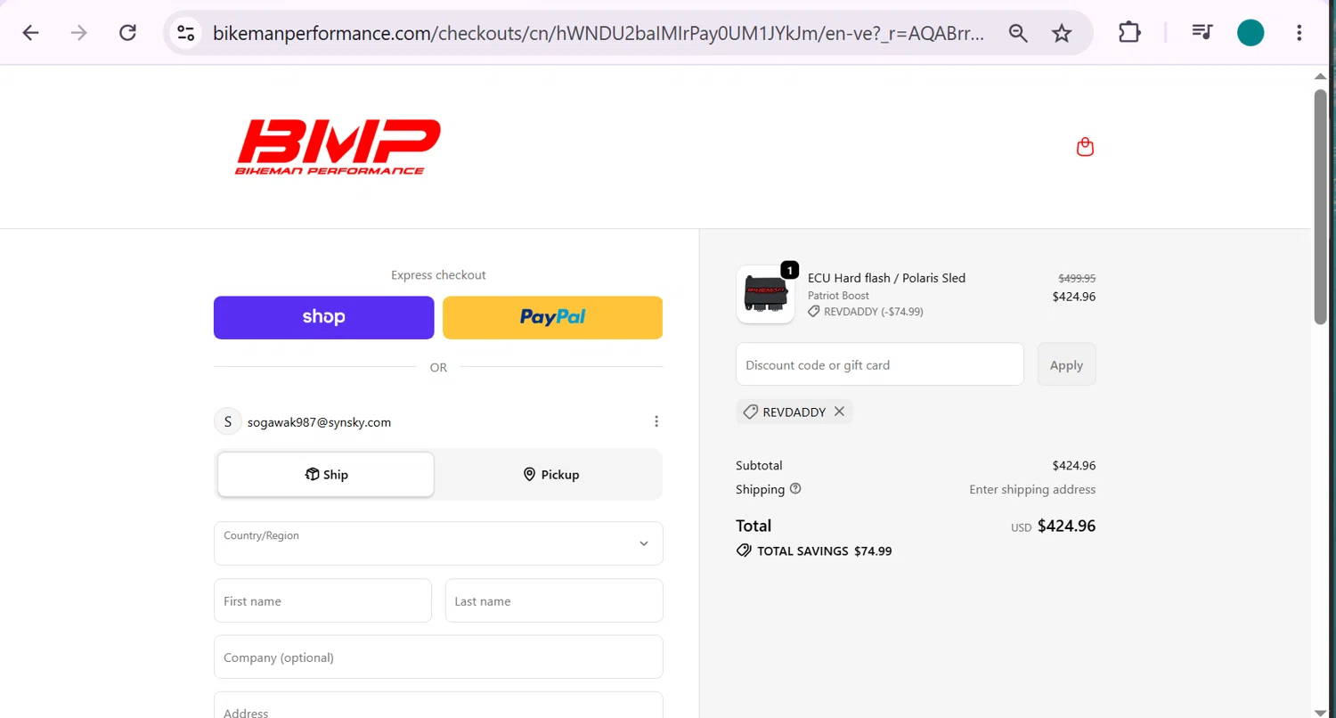 Bikeman Performance promo code screenshot showing code REVDADDY applied at Bikeman Performance checkout page. Uploaded by SimplyCodes community member anosesmith on Jun 18, 2026