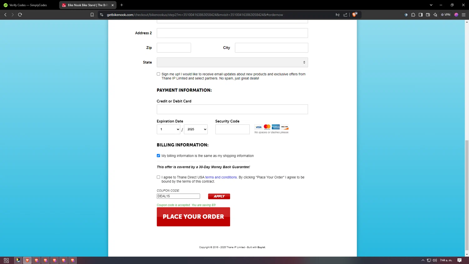 Bike Nook promo code screenshot showing code DEAL15 applied at Bike Nook checkout page. Uploaded by SimplyCodes community member buda2030 on Jan 4, 2025