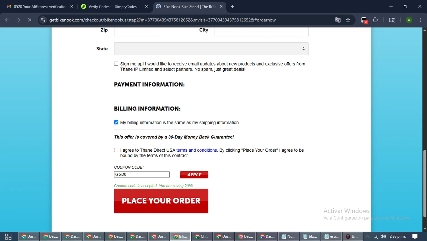 Bike Nook promo code screenshot showing code GG20 applied at Bike Nook checkout page. Uploaded by SimplyCodes community member CashLynx5338 on Oct 26, 2025