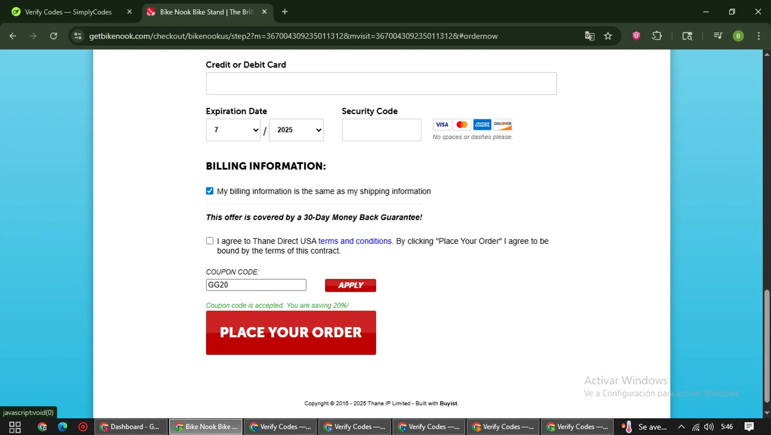 Bike Nook promo code screenshot showing code GG20 applied at Bike Nook checkout page. Uploaded by SimplyCodes community member RoyalAdmiral5066 on Jul 1, 2025