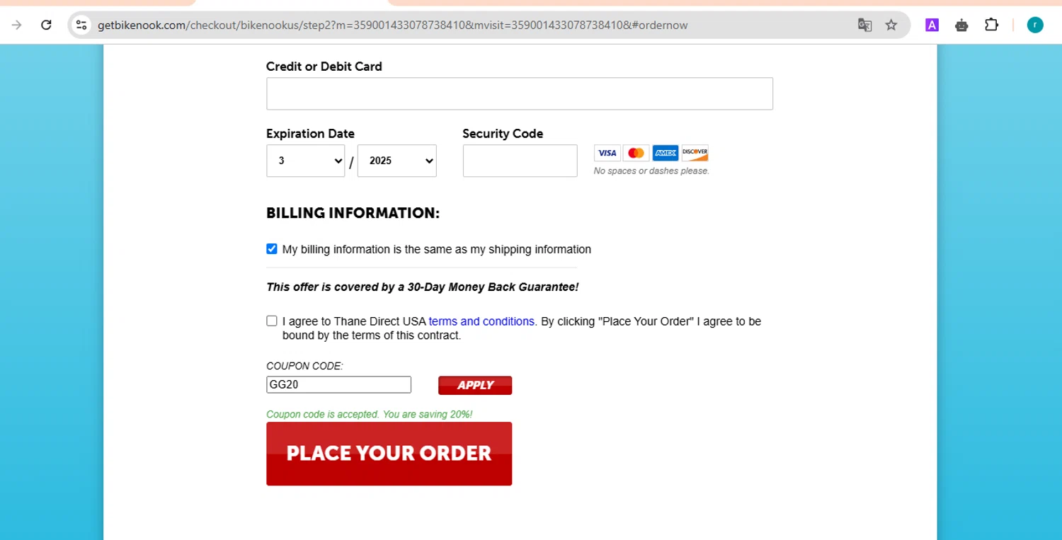 Bike Nook checkout page showing Bike Nook promo code box | Screenshot taken by SimplyCodes community member on Mar 29, 2025