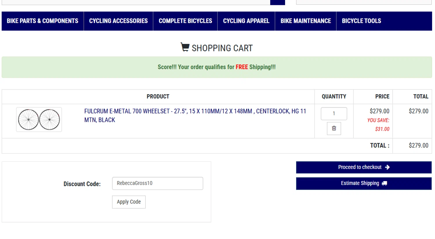 Bikeparts.com promo code screenshot showing code RebeccaGross10 applied at Bikeparts.com checkout page. Uploaded by SimplyCodes community member CrownHero8789 on Jun 21, 2025