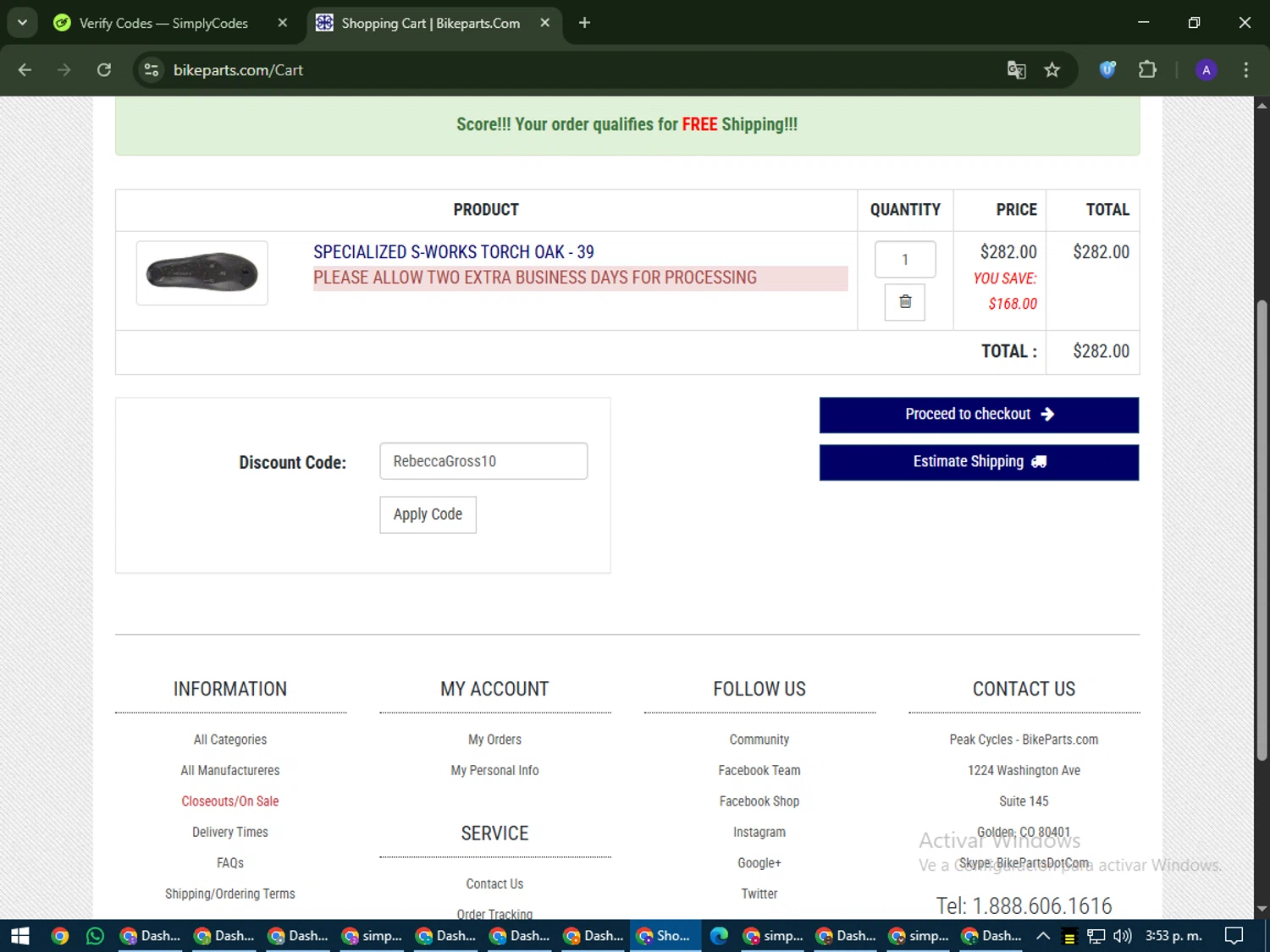 Bikeparts.com promo code screenshot showing code RebeccaGross10 applied at Bikeparts.com checkout page. Uploaded by SimplyCodes community member MagnificentWarden4603 on Jun 28, 2025