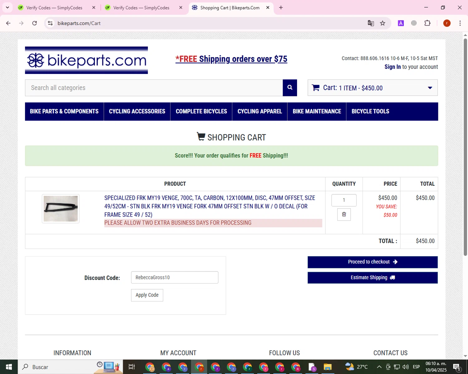 Bikeparts.com checkout page showing Bikeparts.com promo code box | Screenshot taken by SimplyCodes community member on Apr 10, 2025