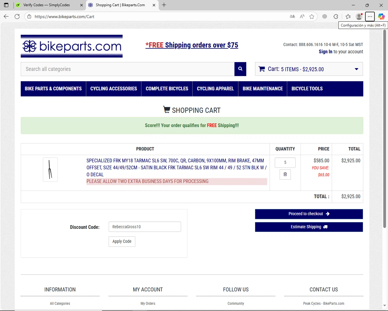 Bikeparts.com promo code screenshot showing code RebeccaGross10 applied at Bikeparts.com checkout page. Uploaded by SimplyCodes community member jechtff10 on Sep 19, 2025