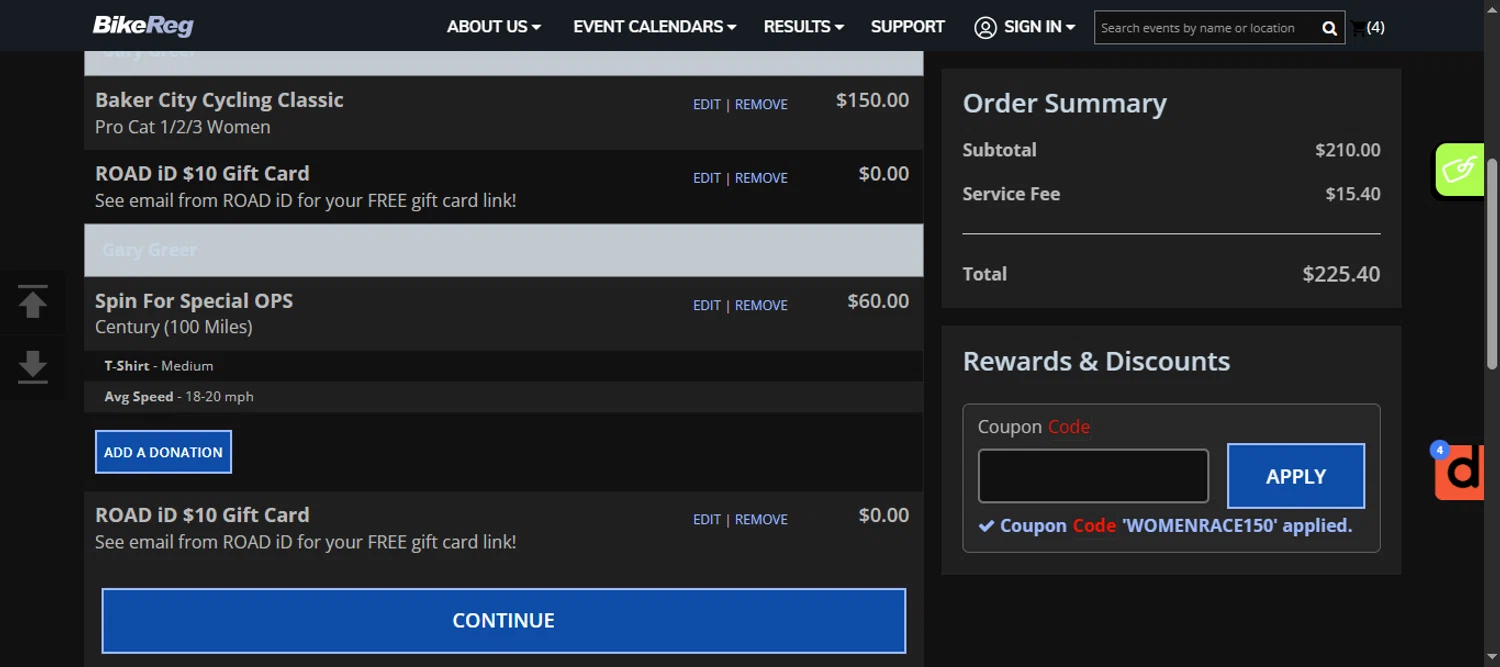 BikeReg.com coupon code screenshot showing code WOMENRACE150 applied at BikeReg.com checkout page. Uploaded by SimplyCodes community member 111111 on Mar 29, 2025