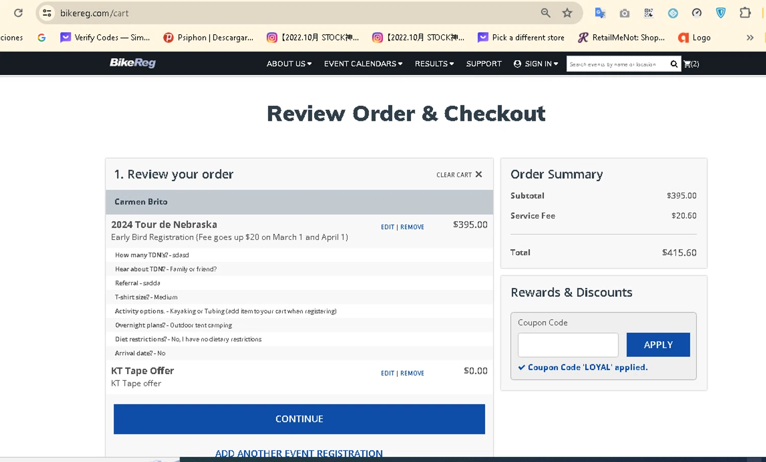 BikeReg.com checkout page showing BikeReg.com coupon code box | Screenshot taken by SimplyCodes community member on Feb 17, 2024