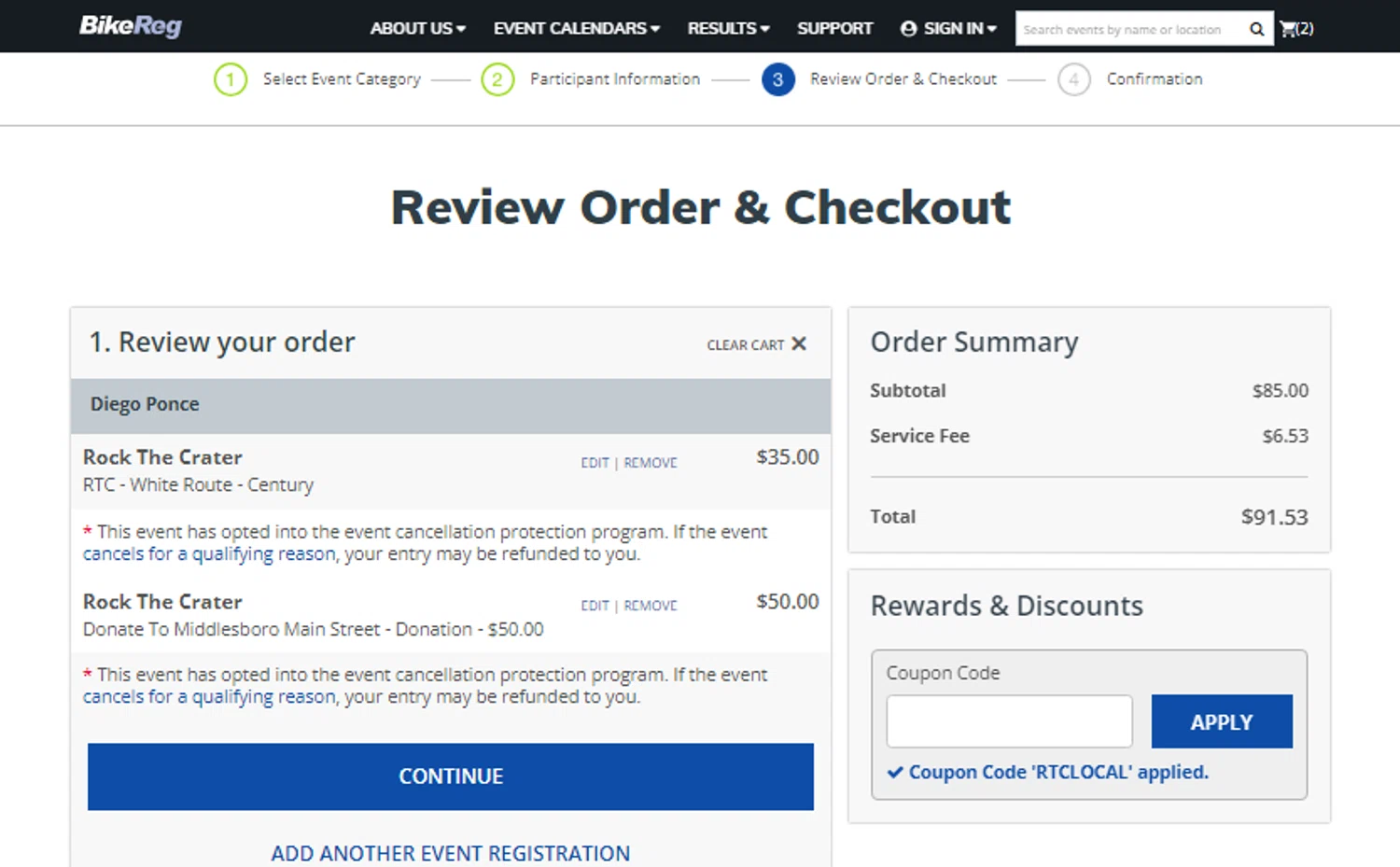 BikeReg.com checkout page showing BikeReg.com coupon code box | Screenshot taken by SimplyCodes community member on Jul 30, 2024