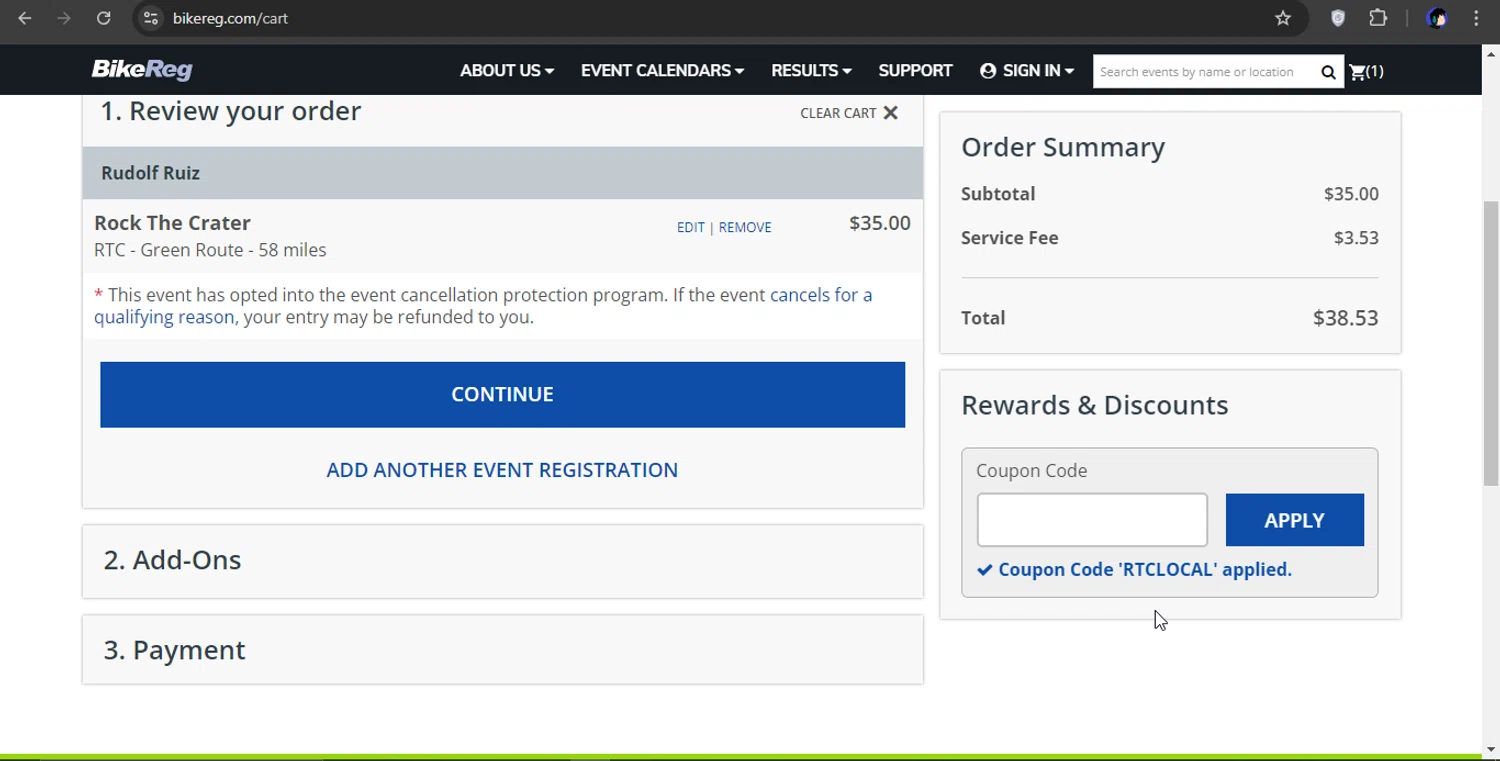 BikeReg.com checkout page showing BikeReg.com coupon code box | Screenshot taken by SimplyCodes community member on Jul 31, 2024