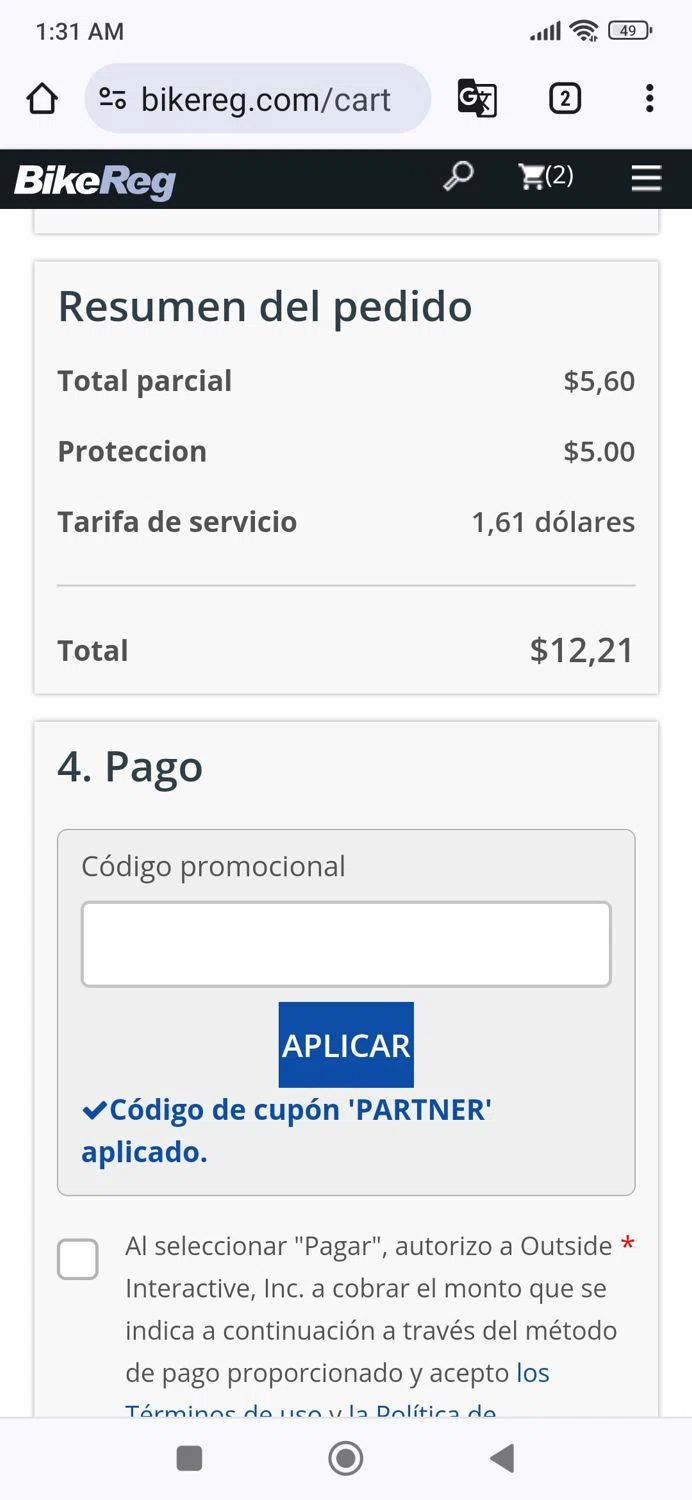 BikeReg.com checkout page showing BikeReg.com coupon code box | Screenshot taken by SimplyCodes community member on Jul 23, 2024