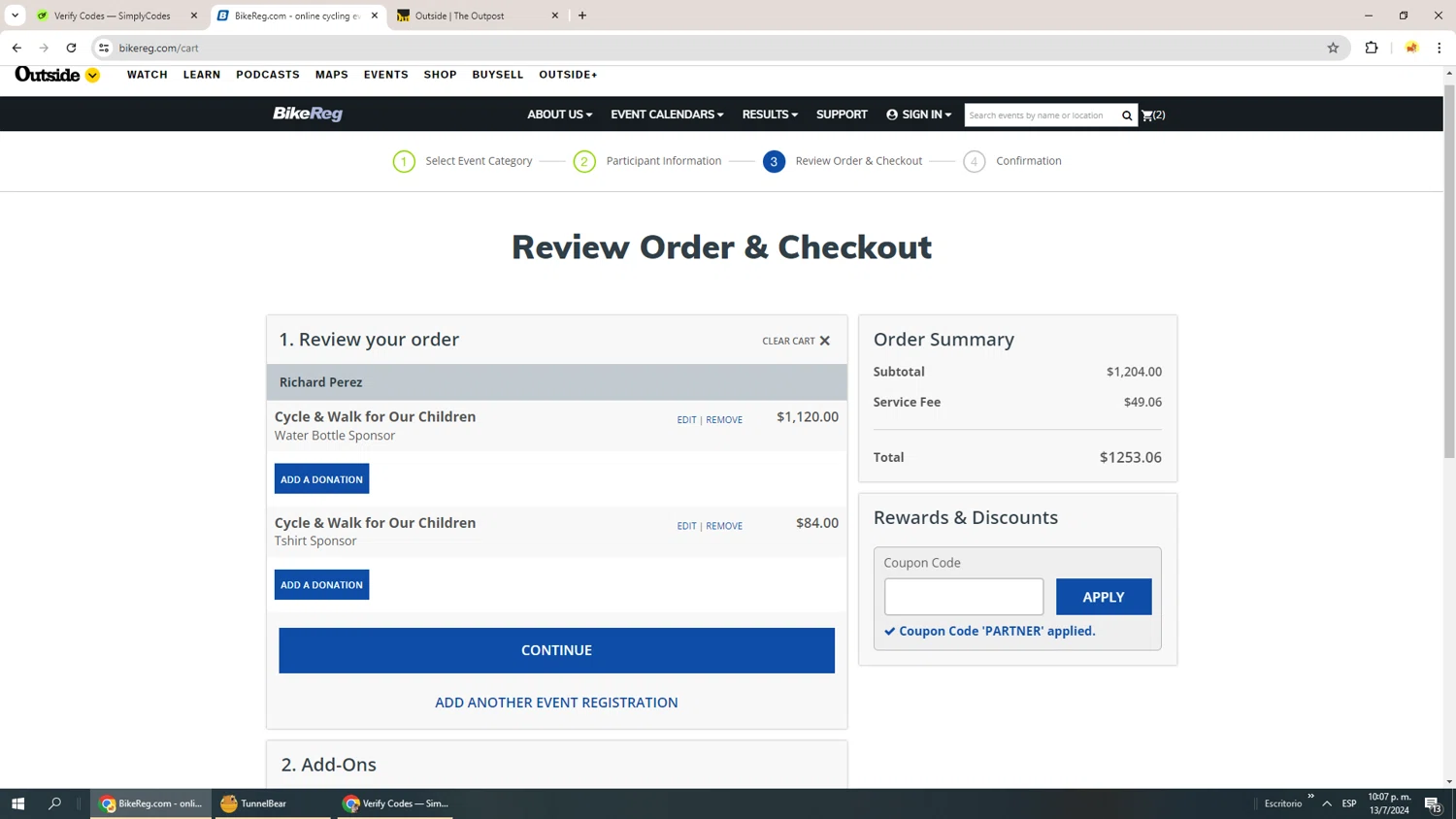 BikeReg.com checkout page showing BikeReg.com coupon code box | Screenshot taken by SimplyCodes community member on Jul 14, 2024
