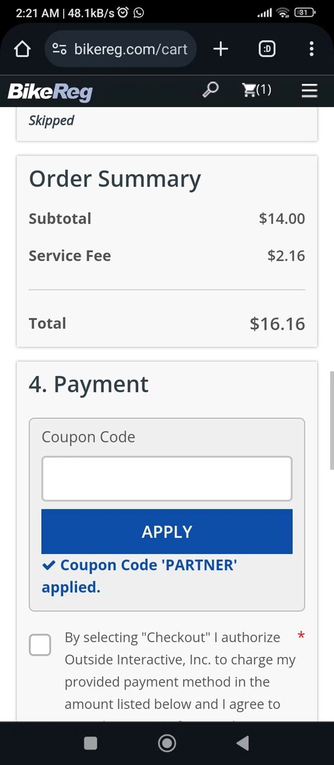 BikeReg.com checkout page showing BikeReg.com coupon code box | Screenshot taken by SimplyCodes community member on Jul 23, 2024