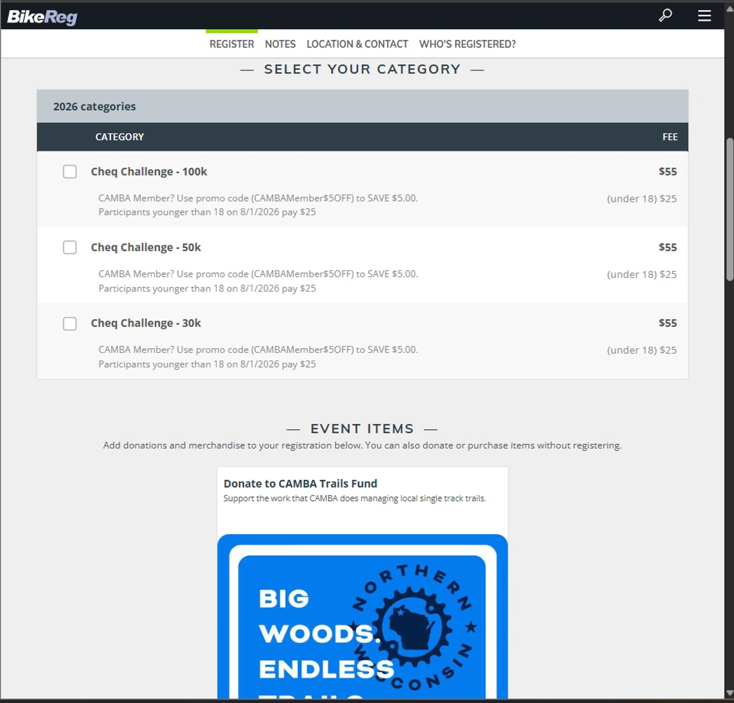 BikeReg.com coupon code screenshot showing code CAMBAMember$5OFF applied at BikeReg.com checkout page. Uploaded by SimplyCodes community member PillarsofCreation on Dec 23, 2025