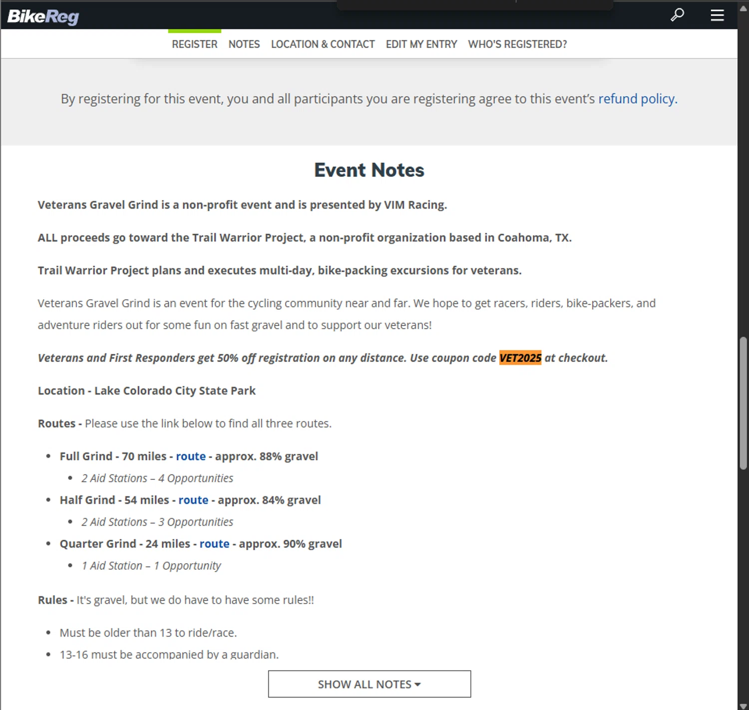 BikeReg.com coupon code screenshot showing code VET2025 applied at BikeReg.com checkout page. Uploaded by SimplyCodes community member PillarsofCreation on Sep 12, 2025